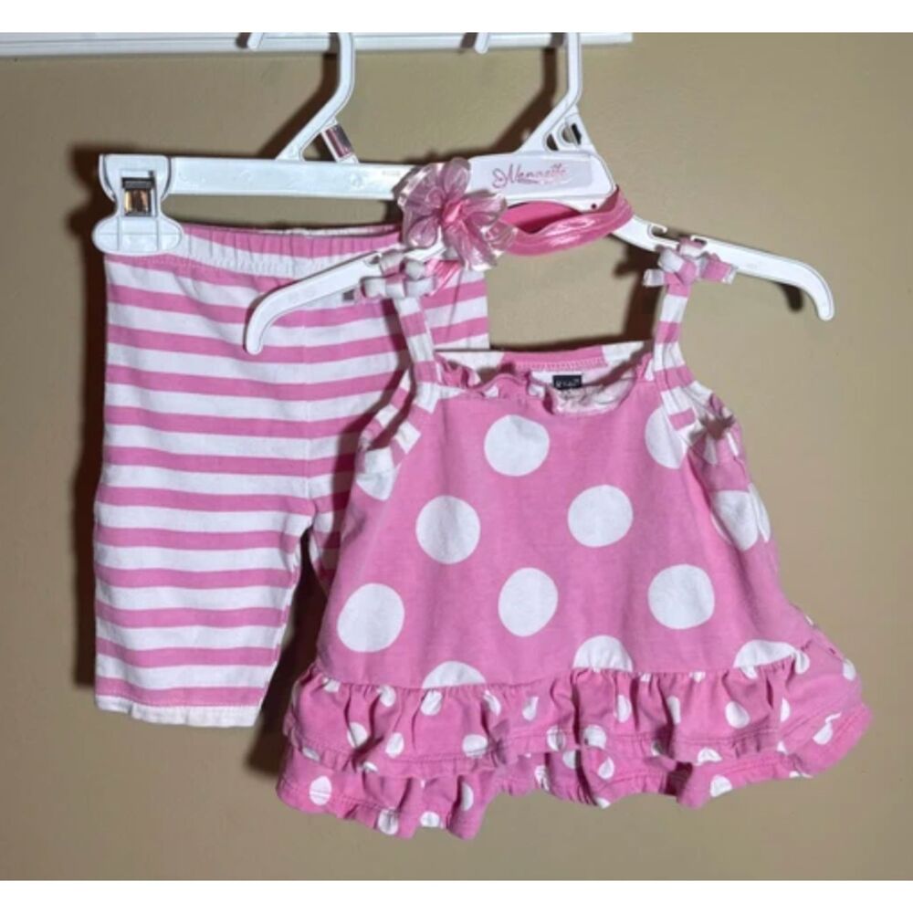 Vitamins Pink White Stripes & Polka Dot 2pc Outfit & Headband Bow 6M 4015